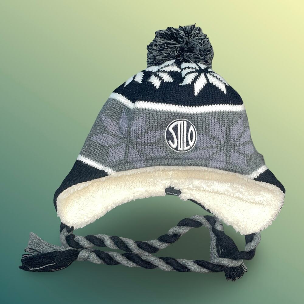Holloway SILO Snowflake Trapper Hat Beanie Fleece Lined Pom Braided Grey Black